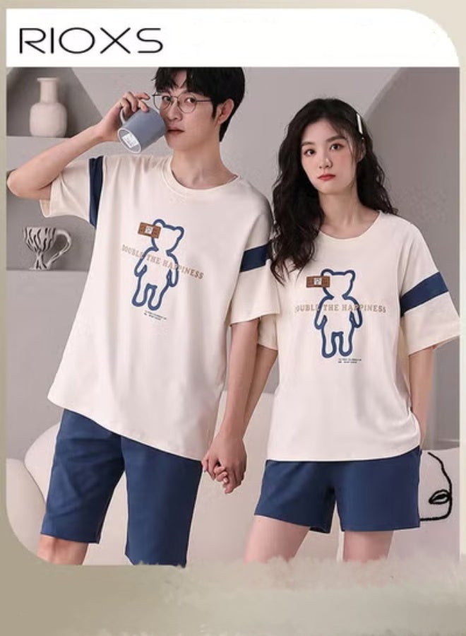 ريوكس طقم بيجامة مطابق للأزواج من قطعتين، بيجامة قطنية ناعمة ومسامية بأكمام قصيرة للرجال، قمصان فضفاضة بأكمام قصيرة ورقبة مستديرة وشورتات واسعة، طقم ملابس منزلية مريح وعصري للاستخدام في الفنادق والعطلات المنزلية وحفلات البيجامة وغيرها، باللونين الأبيض والأزرق - Image 1